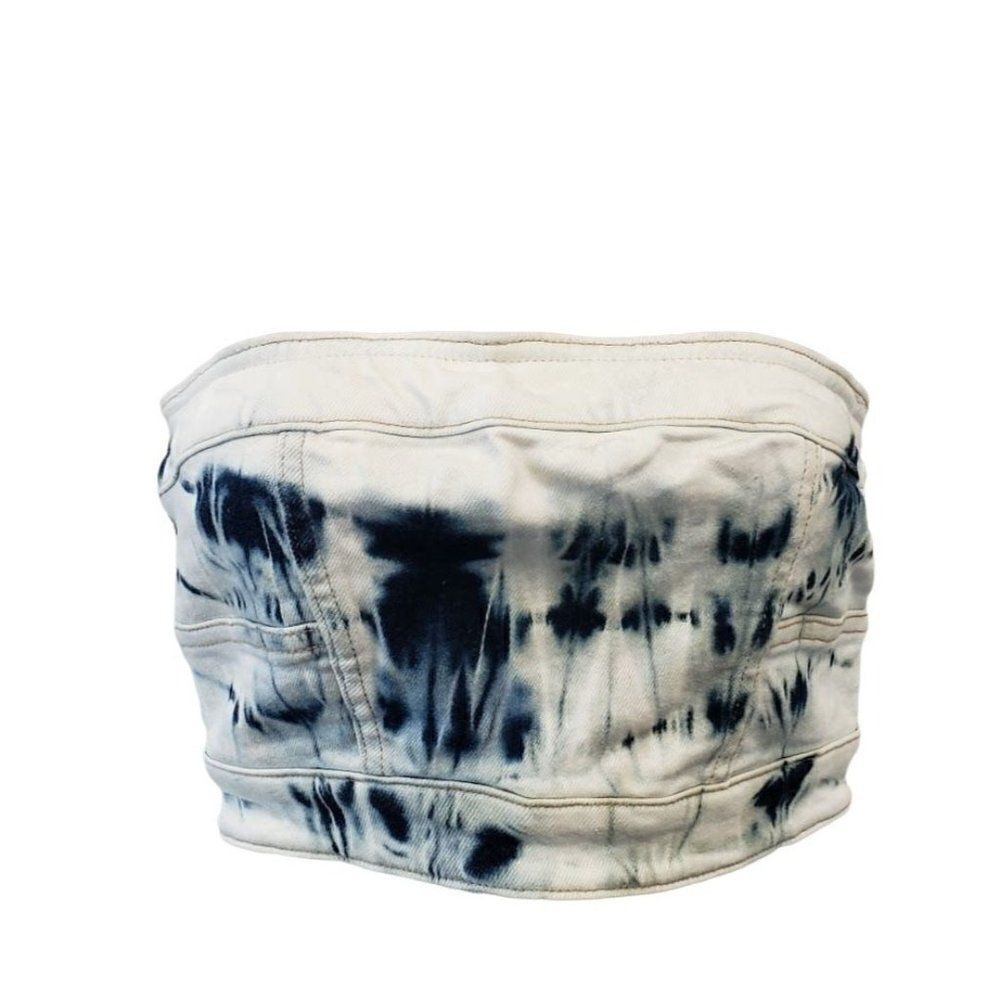 Kendall + Kylie Tube Bandeau Top Womens Medium White Blue Tie-Dye Denim Jean NEW